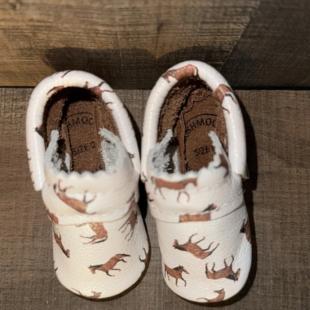 MISH MOCCS Kids Leather Moccasins with Horse Print- size NB